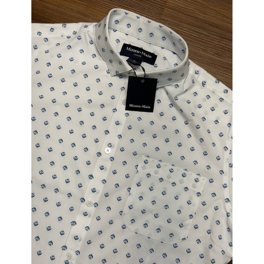 Mizzen+Main Leeward SS Dress Shirt Carolina Floral Geo White Blue Sz M Trim